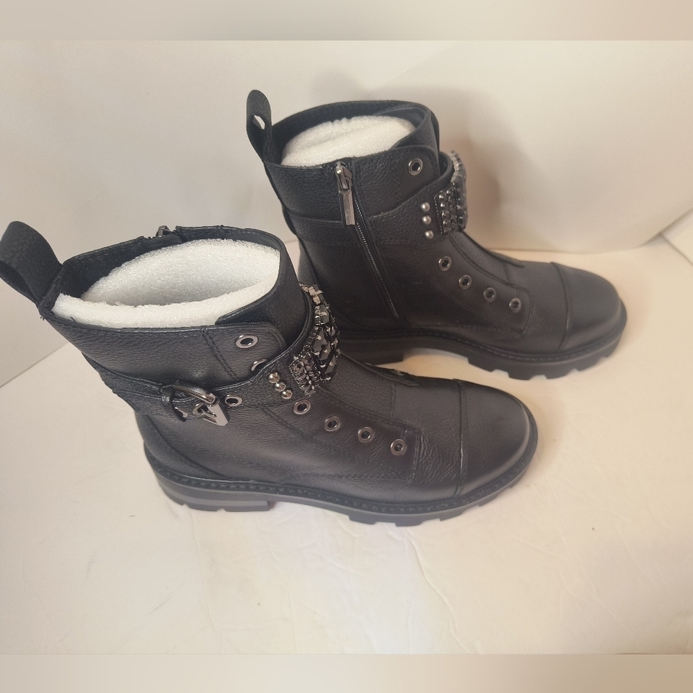Karl Lagerfeld Maeva Leather Black Rhinestone Embellished Combat Boots 6.5